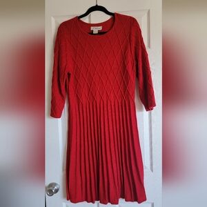 Red Pleated 3/4 Sleeve Sweater Dress